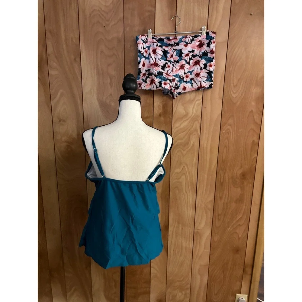 Teal Ruffle‎ Tankini Set Floral Boy Short Bottoms 2PC Swimsuit Womens 2XL